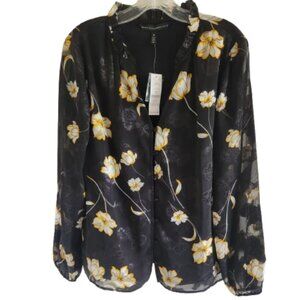 White House Black Market Top Blouse Black Yellow with Sheer Sleeve NWT Size 10